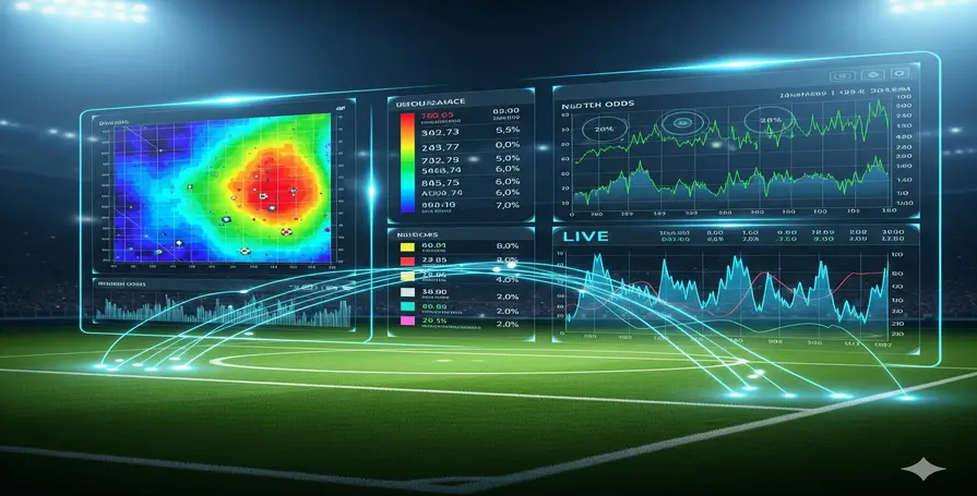 Gráficos de análise de dados de futebol com mapas de calor e odds para apostas esportivas.