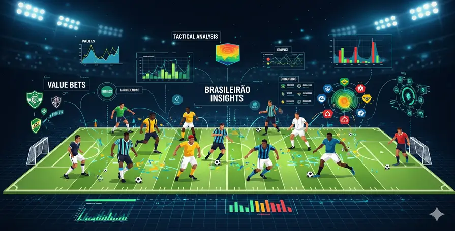 Ilustração do campo do Brasileirão com gráficos e dados estatísticos, mostrando a **análise brasileirão** de favoritos e estratégias de apostas de valor.