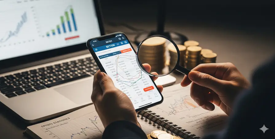 Uma pessoa com uma lupa analisando um aplicativo de apostas no celular, com um notebook e gráficos ao fundo, representando a análise necessária para escolher o melhor site de apostas online.