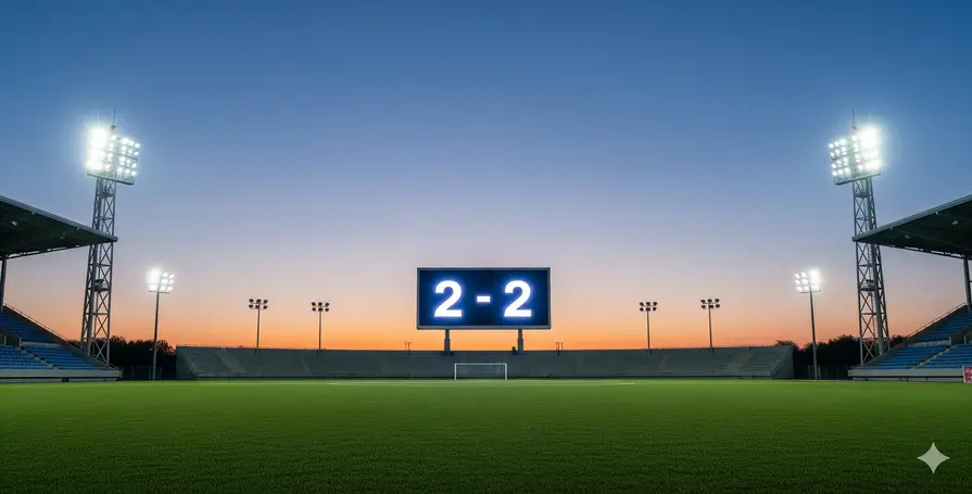 Imagem de um placar em um estádio de futebol vazio, mostrando o resultado 2 a 2, que simboliza a aposta de que ambas as equipes marcam.