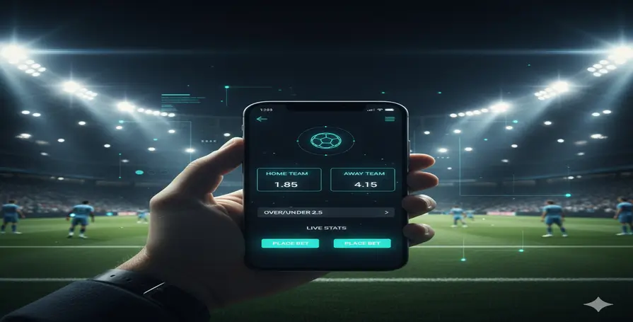 Um celular com um aplicativo de apostas esportivas, exibindo a tela de um jogo de futebol, com o campo ao fundo. Imagem de destaque para um guia de como apostar em futebol.