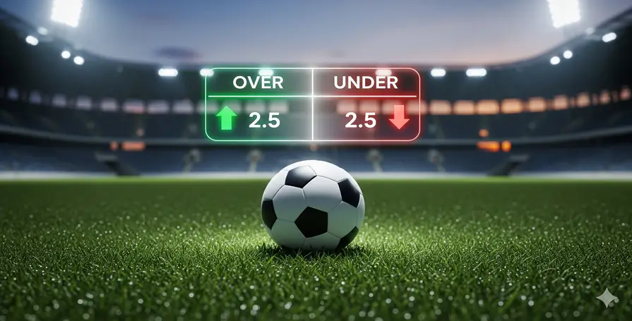 Uma bola de futebol em um gramado com um holograma mostrando as opções de aposta over under gols, com as linhas 'Over 2.5' e 'Under 2.5'.