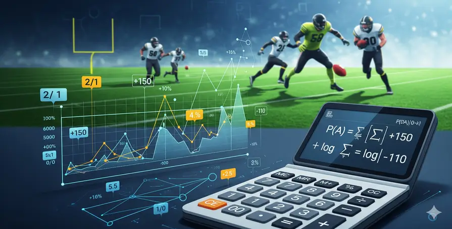 Ilustração de gráficos e números representando as odds de apostas esportivas, com um campo de futebol ao fundo. A imagem simboliza **como funcionam as odds** e a relação entre probabilidade e matemática nas apostas.