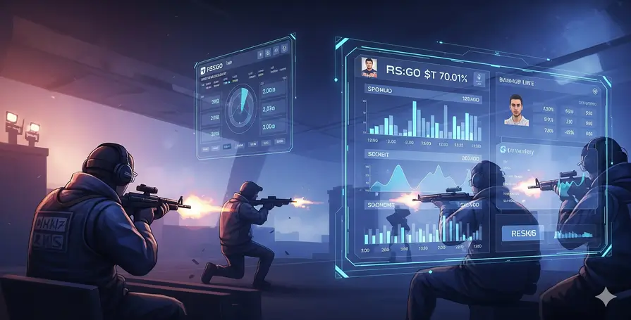 Ilustração com jogadores de CS:GO e uma interface de aposta futurista, simbolizando o guia completo para **aposta CS:GO** e as estratégias de mercado