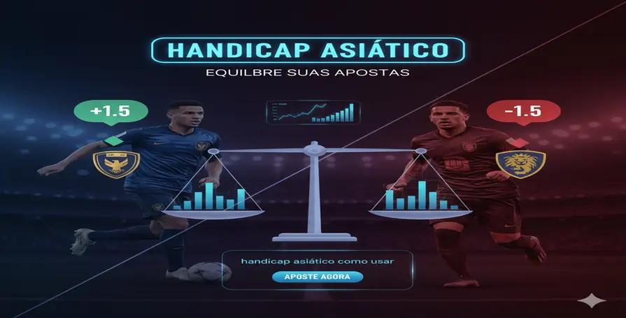 Imagem ilustrando o **handicap asiático como usar**, com dois jogadores de futebol em uma balança, representando o equilíbrio de odds. Gráficos de estatísticas e o texto "Equilibre suas apostas" destacam a estratégia.