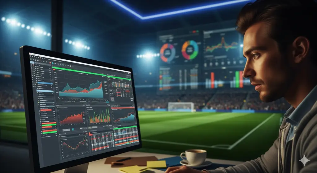 Homem analisando dados de apostas de valor em um computador, com gráficos de estatísticas e um estádio de futebol ao fundo.