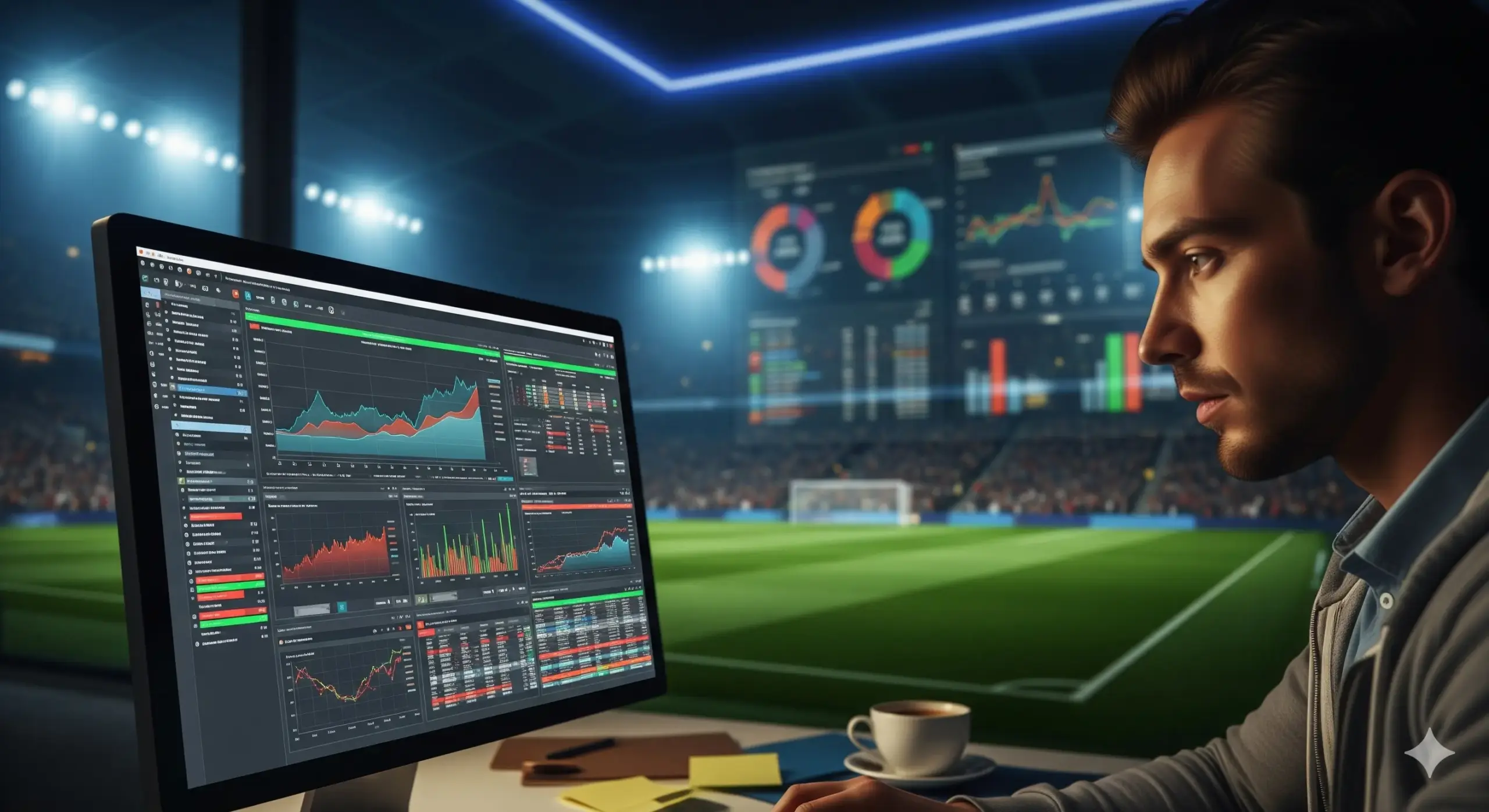 Homem analisando dados de apostas de valor em um computador, com gráficos de estatísticas e um estádio de futebol ao fundo.